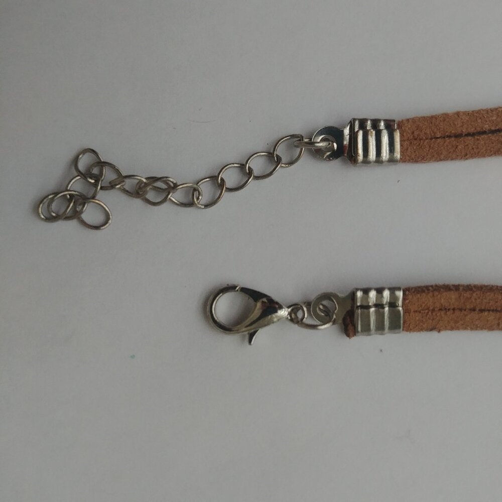 Y2K Brown leather double strand short necklace choker silver heart - Picture 5 of 9